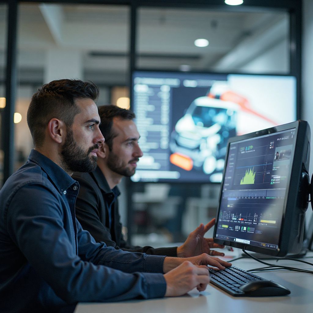 Reunión de equipo analizando datos de vehículos