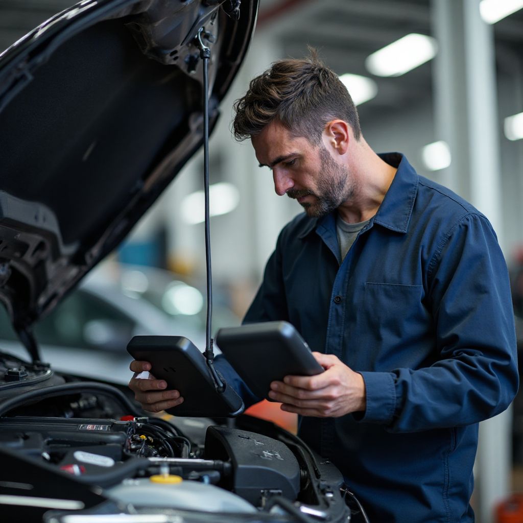 Mecánico inspeccionando vehículo con equipos diagnóstico