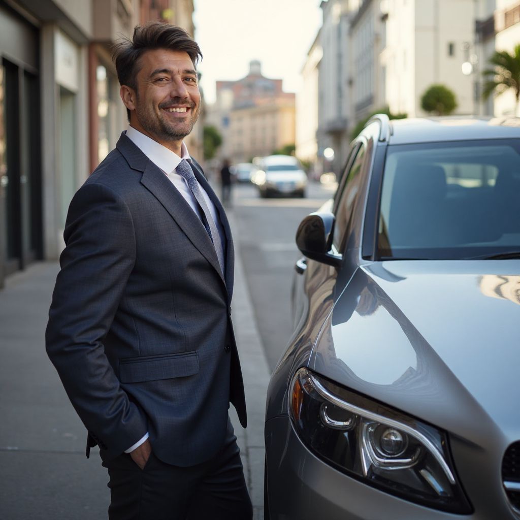 Cliente satisfecho junto a su nuevo vehículo