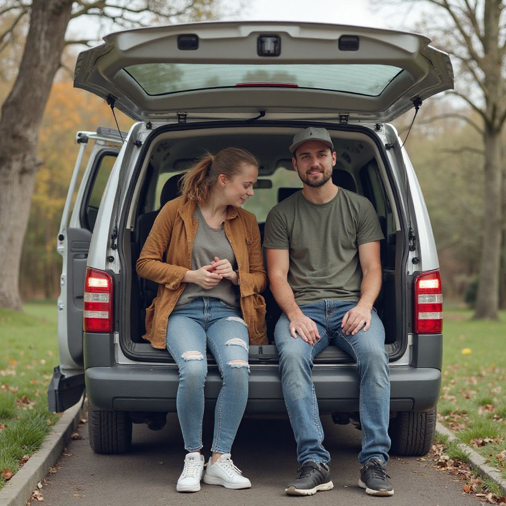Familia feliz con su nuevo auto familiar